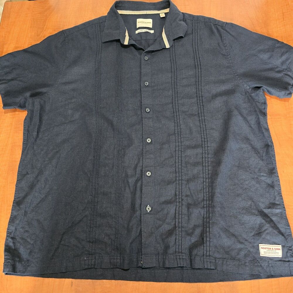 Scotch & Soda Mens Short Sleeve Linen Viscose Blend Pleated Button Down XXL